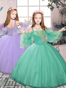 Great Beading and Appliques Little Girl Pageant Dress Turquoise Lace Up Sleeveless Floor Length