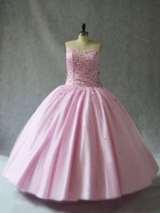 Luxurious Sleeveless Floor Length Beading Lace Up Quinceanera Dress with Pink
