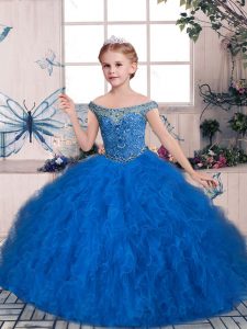 Blue Lace Up Winning Pageant Gowns Beading and Ruffles Sleeveless Floor Length