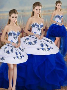 Royal Blue Sleeveless Floor Length Embroidery and Ruffles and Bowknot Lace Up Vestidos de Quinceanera
