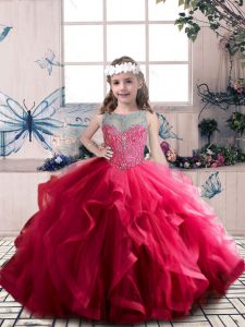 Dazzling Coral Red Sleeveless Beading and Ruffles Floor Length Pageant Dress for Teens