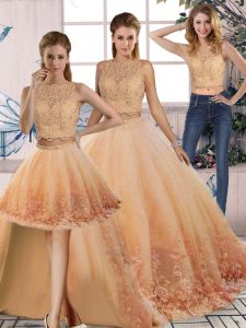Sleeveless Lace Backless Sweet 16 Quinceanera Dress with Peach Sweep Train