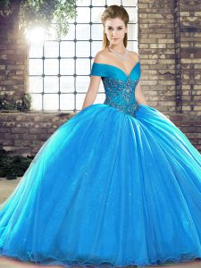Blue Lace Up Off The Shoulder Beading Party Dress for Girls Organza Sleeveless Brush Train