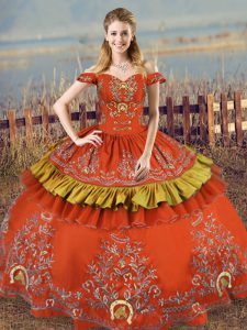 Satin and Organza Off The Shoulder Sleeveless Lace Up Embroidery Vestidos de Quinceanera in Rust Red