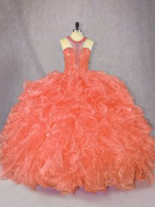 New Style Floor Length Zipper Ball Gown Prom Dress Orange for Sweet 16 and Quinceanera with Beading and Ruffles