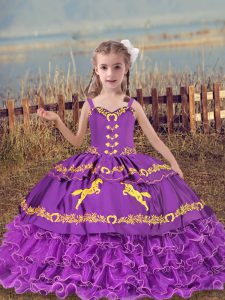 Eggplant Purple Ball Gowns Beading and Embroidery and Ruffled Layers Girls Pageant Dresses Lace Up Organza Sleeveless Floor Length