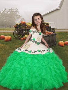 Affordable Green Sleeveless Embroidery and Ruffles Floor Length Little Girls Pageant Gowns