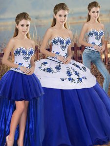 Nice Royal Blue Sleeveless Floor Length Embroidery and Bowknot Lace Up Quince Ball Gowns