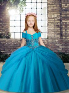 Perfect Baby Blue Tulle Lace Up Little Girls Pageant Dress Wholesale Sleeveless Floor Length Beading