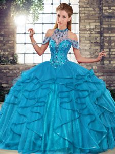 Blue Ball Gown Prom Dress Military Ball and Sweet 16 and Quinceanera with Beading and Ruffles Halter Top Sleeveless Lace Up