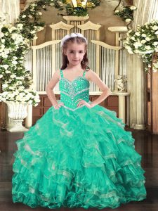 Charming Turquoise Sleeveless Floor Length Beading and Ruffles Lace Up Child Pageant Dress