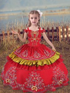 On Sale Floor Length Red Little Girls Pageant Dress Wholesale Satin Sleeveless Beading and Embroidery