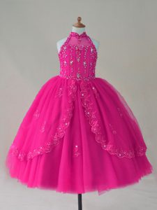 Fuchsia Little Girl Pageant Dress Wedding Party with Beading and Appliques High-neck Sleeveless Lace Up