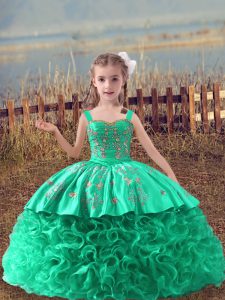 Custom Made Turquoise Ball Gowns Fabric With Rolling Flowers Straps Sleeveless Embroidery Lace Up Little Girls Pageant Dress Wholesale Sweep Train