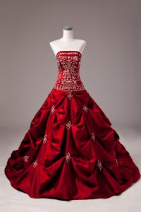 Wine Red 15 Quinceanera Dress Strapless Sleeveless Brush Train Lace Up