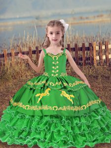 Graceful Sleeveless Floor Length Beading and Embroidery and Ruffled Layers Lace Up Child Pageant Dress with Green