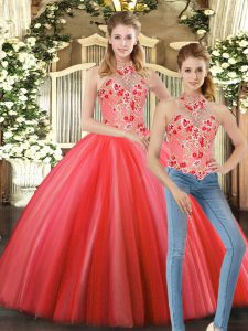 Noble Coral Red Two Pieces Tulle Halter Top Sleeveless Embroidery Floor Length Lace Up Sweet 16 Quinceanera Dress