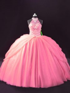 Pink Sleeveless Beading and Pick Ups Ball Gown Prom Dress