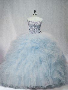 Flare Light Blue Womens Party Dresses Sweet 16 and Quinceanera with Beading and Ruffles Sweetheart Sleeveless Brush Train Lace Up
