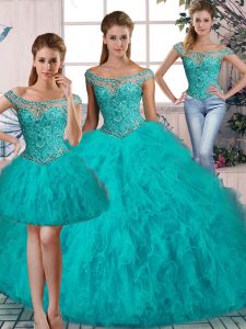 Free and Easy Sleeveless Brush Train Lace Up Beading and Ruffles Quinceanera Gowns