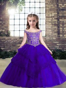 Purple Tulle Lace Up Off The Shoulder Sleeveless Floor Length Little Girls Pageant Dress Wholesale Beading and Lace and Appliques