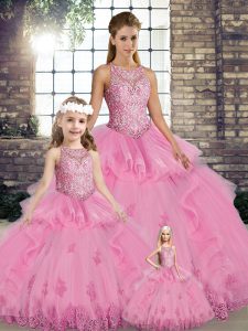 Floor Length Ball Gowns Sleeveless Rose Pink Vestidos de Quinceanera Lace Up
