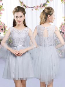 Low Price Grey Tulle Lace Up Quinceanera Court of Honor Dress Sleeveless Mini Length Lace and Belt