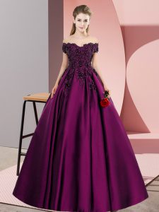 Sleeveless Satin Floor Length Zipper Ball Gown Prom Dress in Purple with Lace