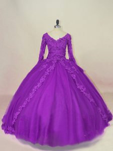 Dramatic Purple Long Sleeves Floor Length Appliques Lace Up Sweet 16 Dress