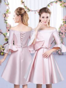 Beauteous Baby Pink 3 4 Length Sleeve Satin Lace Up Quinceanera Dama Dress for Wedding Party