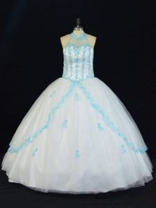 Blue And White Halter Top Neckline Appliques Quinceanera Gowns Sleeveless Lace Up