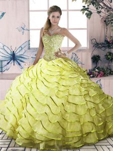 Admirable Yellow Green Organza Lace Up Sweet 16 Dress Sleeveless Brush Train Beading and Ruffled Layers
