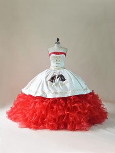 Beautiful Sleeveless Organza Brush Train Lace Up Quinceanera Gowns in White And Red with Embroidery and Ruffles