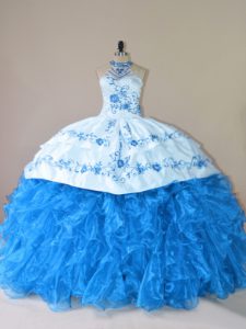 Modest Blue Lace Up Sweet 16 Dress Embroidery and Ruffles Sleeveless Court Train
