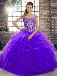 Ball Gowns Sleeveless Purple Sweet 16 Quinceanera Dress Brush Train Lace Up