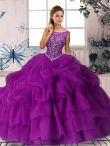 Purple Sleeveless Beading and Pick Ups Zipper 15th Birthday Dress