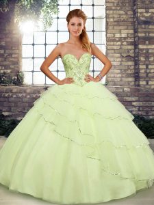 Yellow Ball Gowns Tulle Sweetheart Sleeveless Beading and Ruffled Layers Lace Up 15 Quinceanera Dress Brush Train