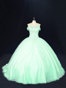 Luxury Court Train Ball Gowns 15 Quinceanera Dress Apple Green Off The Shoulder Tulle Sleeveless Lace Up