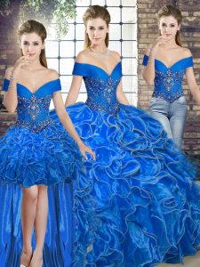 Royal Blue Three Pieces Beading and Ruffles Sweet 16 Dresses Lace Up Organza Sleeveless Floor Length