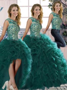 Sleeveless Floor Length Beading and Ruffles Lace Up Vestidos de Quinceanera with Peacock Green