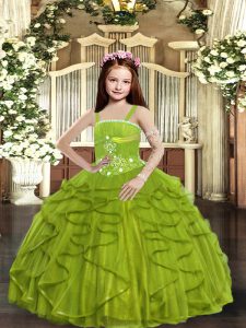 Olive Green Pageant Gowns For Girls Party and Wedding Party with Beading and Ruffles Straps Sleeveless Lace Up