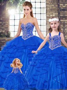 Popular Royal Blue Quince Ball Gowns Military Ball and Sweet 16 and Quinceanera with Beading and Ruffles Sweetheart Sleeveless Lace Up
