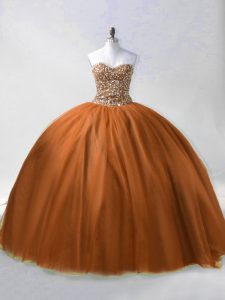 Exquisite Brown Ball Gowns Beading Vestidos de Quinceanera Lace Up Tulle Sleeveless Floor Length