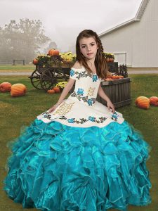 Top Selling Sleeveless Organza Floor Length Lace Up Child Pageant Dress in Aqua Blue with Embroidery and Ruffles