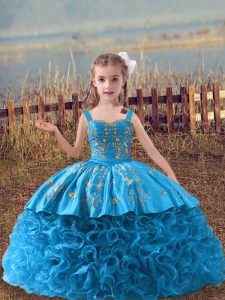 Baby Blue Ball Gowns Embroidery Kids Pageant Dress Lace Up Fabric With Rolling Flowers Sleeveless
