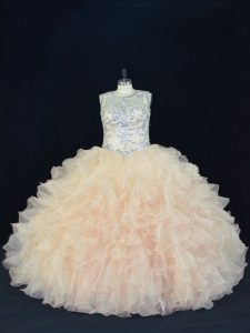 Champagne Organza Lace Up Scoop Sleeveless Floor Length Sweet 16 Dresses Beading and Ruffles