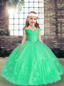 Customized Green Sleeveless Beading and Hand Made Flower Floor Length Kids Pageant Dress