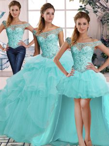 Cute Tulle Off The Shoulder Sleeveless Lace Up Beading and Ruffles Vestidos de Quinceanera in Aqua Blue