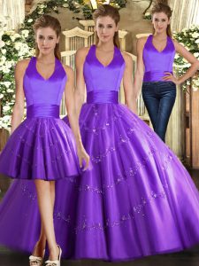 Halter Top Sleeveless Lace Up Quinceanera Gown Purple Tulle