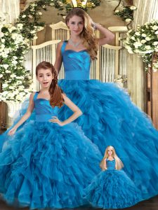 Sweet Tulle Halter Top Sleeveless Lace Up Ruffles Quince Ball Gowns in Blue